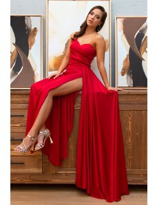 Carmen Červené saténové dlhé večerné šaty s rozparkom na jedno rameno