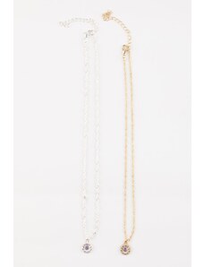DeFacto Dámsky kvetinový detailný 2-dielny zlatý - strieborný náhrdelník