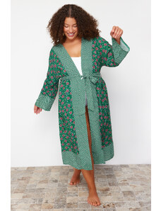 Trendyol Curve Zelené etnické vzorované maxi tkané kimono a kaftan