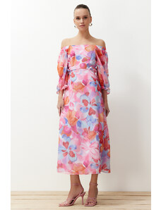 Trendyol Collection Ružový kvetinový Carmen golier A-line/zvončekový šifón Maxi podšité tkané šaty