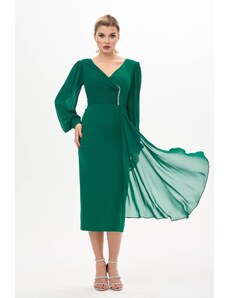 Carmen Smaragdové večerné krepové šaty s dlhým rukávom veľkej veľkosti