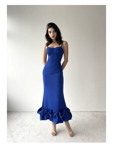 Afiş Butik Saks modré asymetrické zakrivené midi šaty so sukňou