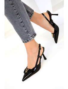 SOHO Čierna lakovaná koža-zlatá dámska klasická obuv na podpätku