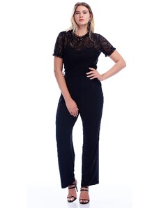 Şans Women's Plus Size Black Jumpsuit with Lace Top