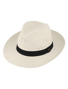 Fiebig - Headwear since 1903 Letný biely slamený klobúk Fedora - ručne pletený - s čiernou stuhou - Ekvádorská panama