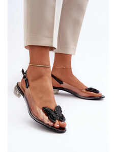 Basic Čierne priehľadné sandále na nízkom podpätku s motýľom