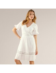 Blancheporte Krepónové šaty s macramé a volánmi biela 036