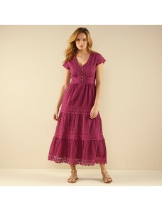 Blancheporte Dlhé čipkované šaty s macramé purpurová 036
