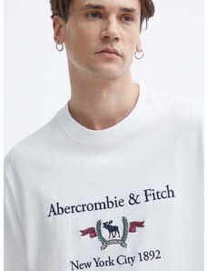 Bavlnené tričko Abercrombie & Fitch pánsky, biela farba, s nášivkou