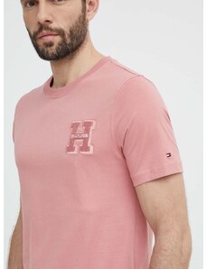 Bavlnené tričko Tommy Hilfiger pánske, ružová farba, s nášivkou, MW0MW34436