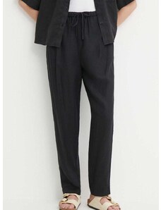 Ľanové nohavice Tommy Hilfiger čierna farba,rovné,vysoký pás,WW0WW41347