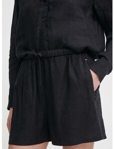 Ľanové šortky Tommy Hilfiger čierna farba, jednofarebné, vysoký pás, WW0WW41376