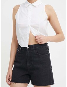 Rifľové krátke nohavice Calvin Klein Jeans dámske,čierna farba,jednofarebné,vysoký pás,J20J222812