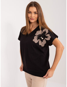Basic Čierne bavlnené tričko s ozdobným kvetom na pleci