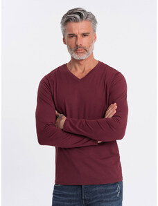 Ombre Clothing Pánske tričko bez potlače s dlhým rukávom a výstrihom do V - bordové V8 OM-LSBL-0108