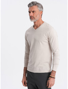 Ombre Clothing Pánske tričko s dlhým rukávom bez potlače a véčkovým výstrihom - svetlo béžové V1 OM-LSBL-0108