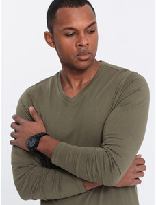 Ombre Clothing Pánske tričko bez potlače s dlhým rukávom a véčkovým výstrihom - tmavo olivovo zelené V2 OM-LSBL-0108