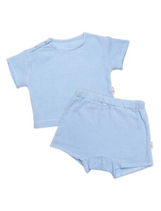 Baby Nellys Detská letná mušelínová 2D sada tričko kr. rukáv + kraťasy, modré