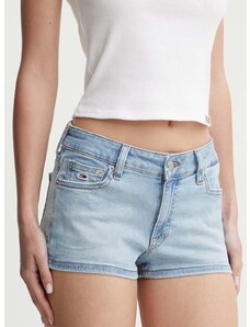 Rifľové krátke nohavice Tommy Jeans dámske, jednofarebné, vysoký pás, DW0DW17650