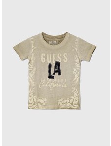 Detské bavlnené tričko Guess béžová farba, s potlačou