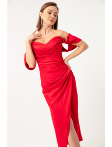 Lafaba Dámske červené večerné šaty Midi s lodičkovým výstrihom