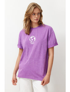 Trendyol Collection Fialová 100 % bavlna s potlačou Prané Oversize/Wide Fit Crew Pletené tričko