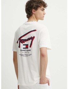 Bavlnené tričko Tommy Jeans pánsky,béžová farba,s potlačou,DM0DM18574