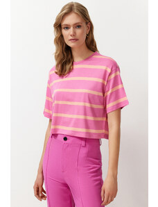 Trendyol Collection Ružové pruhované uvoľnené/pohodlné strihové pletené tričko