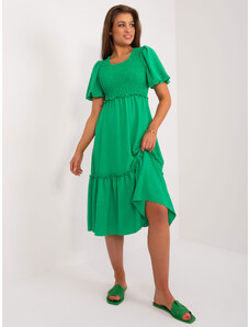 ITALY MODA Dámske zelené šaty s elastickým riasením na hrudi a s volánmi