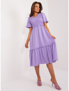 ITALY MODA Dámske fialové šaty s elastickým riasením na hrudi a s volánmi