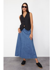 Trendyol Collection Tmavomodrá midi džínsová sukňa s vysokým pásom