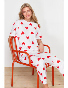 Trendyol Collection Biela 100% bavlna pletené pyžamá so srdcom