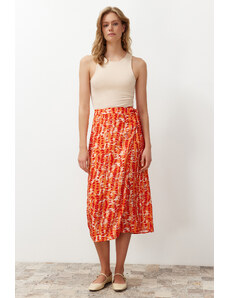 Trendyol Collection Oranžová viskózová tkanina s kvetinovým vzorom Midi tkaná sukňa