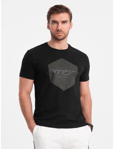 Ombre Clothing Pánske bavlnené tričko s geometrickou potlačou a logom - čierne V2 OM-TSPT-0141