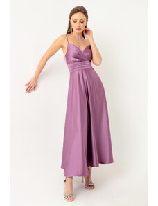 Lafaba Dámske večerné saténové midi šaty s levanduľovým povrazovým popruhom v páse a maturitné šaty