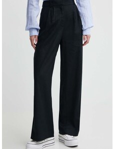 Ľanové nohavice Abercrombie & Fitch čierna farba, rovné, vysoký pás