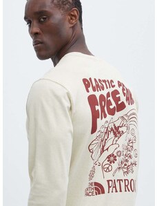 Bavlnené tričko s dlhým rukávom The North Face Patron Plasticfree Peaks béžová farba, s potlačou, NF0A87DW3X41