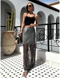ErikaFashion Sivá dlhá elegantná sukňa LEWIN s čipkou