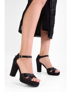 Shoeberry Women's Giselle Black Satin Platform Heeled Shoes
