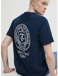Bavlnené tričko Tommy Jeans pánske, tmavomodrá farba, s nášivkou, DM0DM18578
