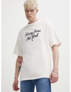 Bavlnené tričko Tommy Jeans pánske, béžová farba, s nášivkou, DM0DM18579