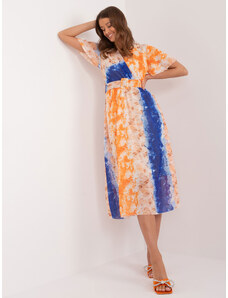 ITALY MODA Dámske oranžovo-modré midi šaty s potlačou a s opaskom