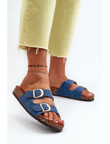 Kesi Women's denim slippers on a cork platform with straps, dark blue Doretta