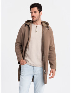 Ombre Clothing Pánsky kabát s jemným prúžkom a kapucňou - káva V1 OM-COSC-0112
