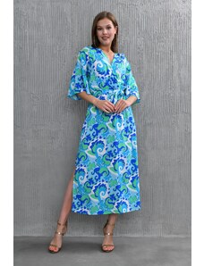 lovebox Pružná tkanina s etnickým vzorom s opaskom bočné rozparky Dvojradový golier s dĺžkou midi modré šaty 101
