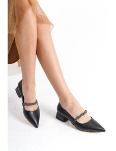 eformoda by emre yılmaz Čierna koža dámske klasické topánky na podpätku zdobené drahokamy Hrubý podpätok 5 cm EZR127