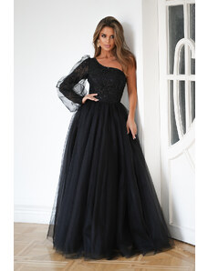 venusamoda (veľ. 40) Šaty s odhalenou rukou a tylovou sukňou čierne