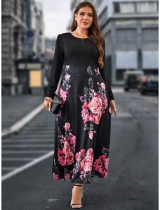 venusamoda Elastické šaty s dlhými rukávmi a kvetovanou sukňou čierne