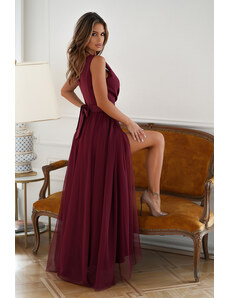 venusamoda (veľ. 48) Šaty bez rukávov s tylovou sukňou vínovočervené