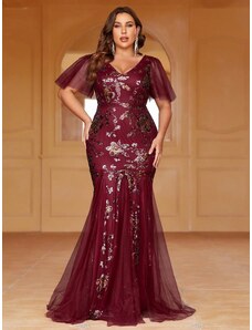 venusamoda (veľ. 50) Pružné priliehavé šaty s flitrovaným zdobením vínovočervené